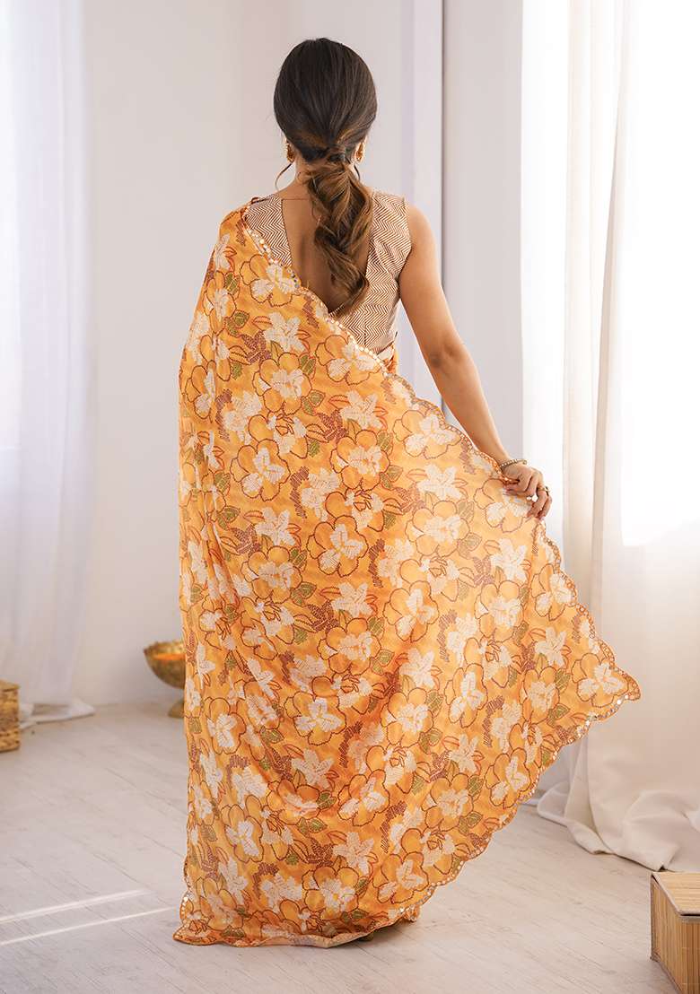 Orange Mirror Work Chinon Blend Saree Set for Diwali and Festive Wear - Indya