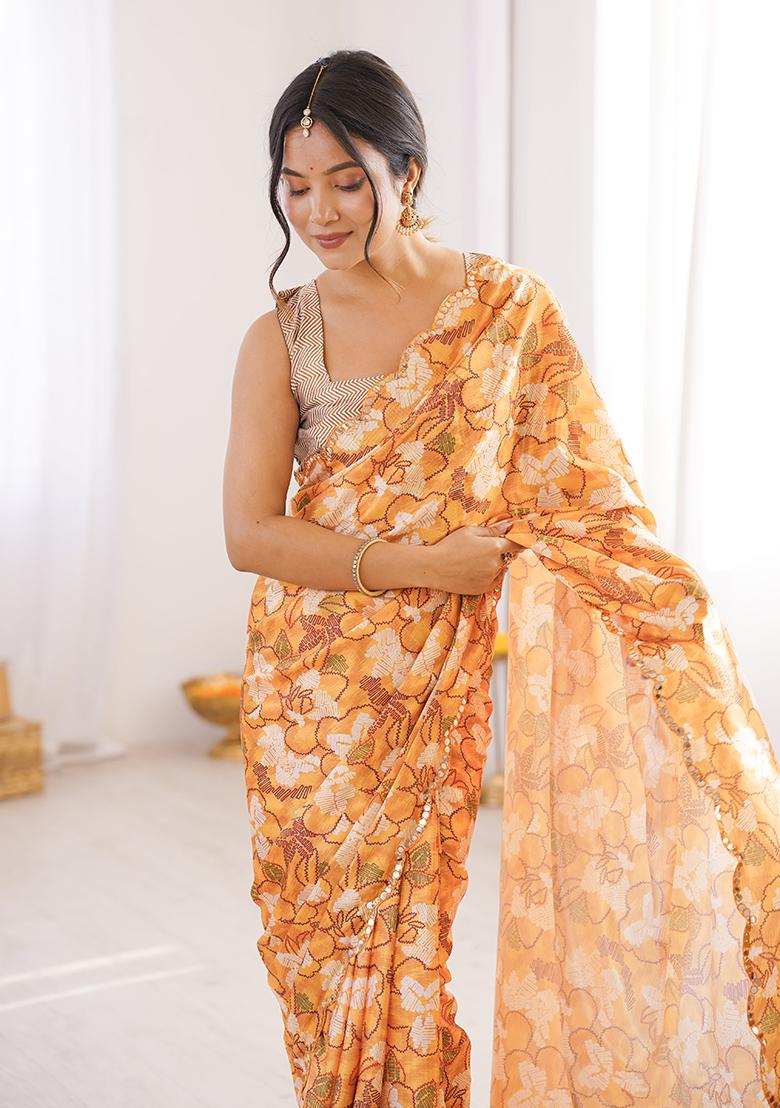 Orange Mirror Work Silk Saree Set - Indya