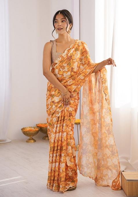 Orange Mirror Work Silk Saree Set