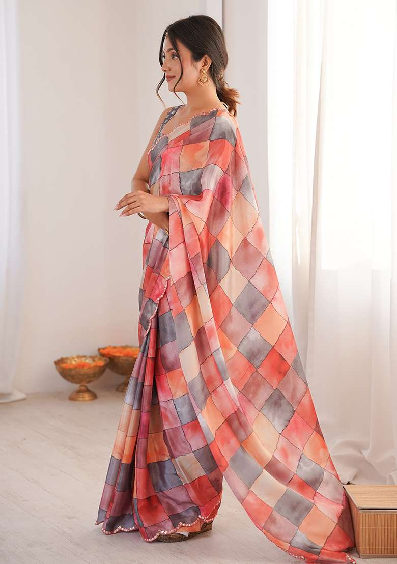 Red Mirror Work Chinon Blend Saree Set for Diwali and Festive Wear - Indya