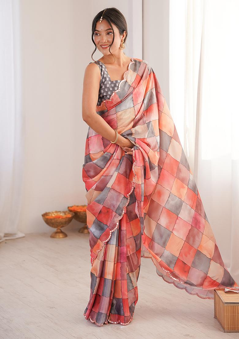 Red Mirror Work Silk Saree Set - Indya