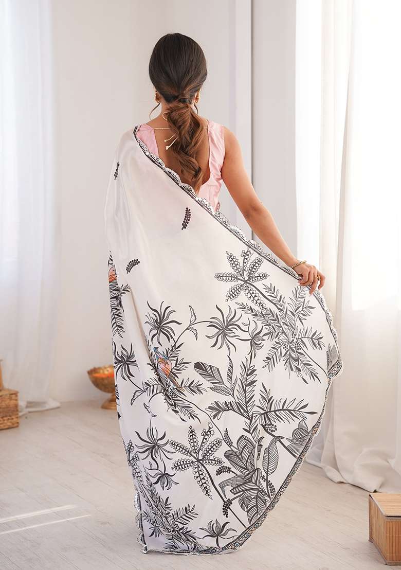 White Chinon Blend Saree Set with Mirror Work for Diwali | Wedding & Festive Wear - Indya