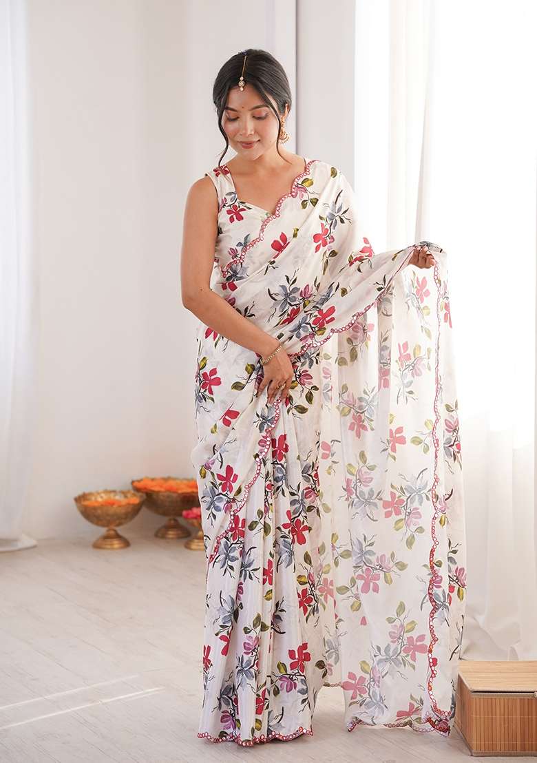 White Mirror Work Chinon Blend Saree Set for Diwali and Festive Wear - Indya