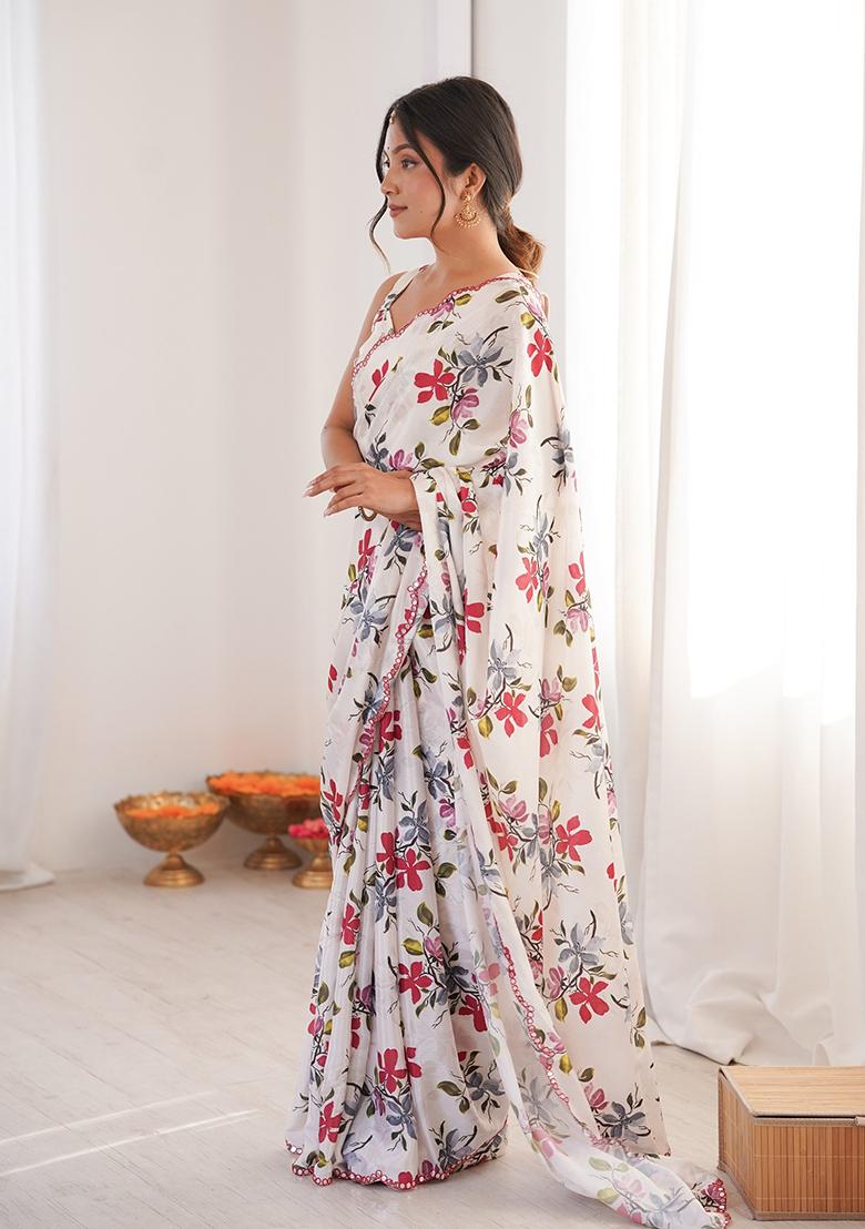 White Mirror Work Silk Saree Set - Indya