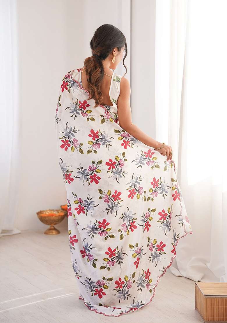 White Mirror Work Chinon Blend Saree Set for Diwali and Festive Wear - Indya