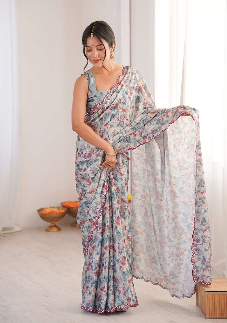 Grey Mirror Work Chinon Blend Saree Set for Diwali and Festive Wear - Indya