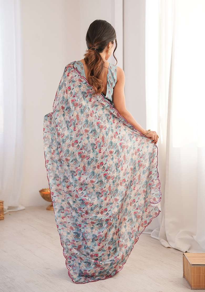 Grey Mirror Work Chinon Blend Saree Set for Diwali and Festive Wear - Indya