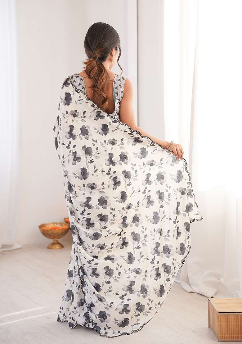White And Grey Mirror Work Chinon Blend Saree Set for Diwali and Festive Wear - Indya