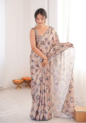 Beige Mirror Work Silk Saree Set