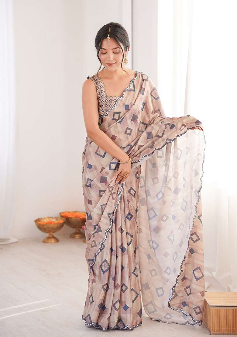 Beige Chinon Blend Saree Set with Mirror Work for Diwali | Wedding & Festive Wear - Indya