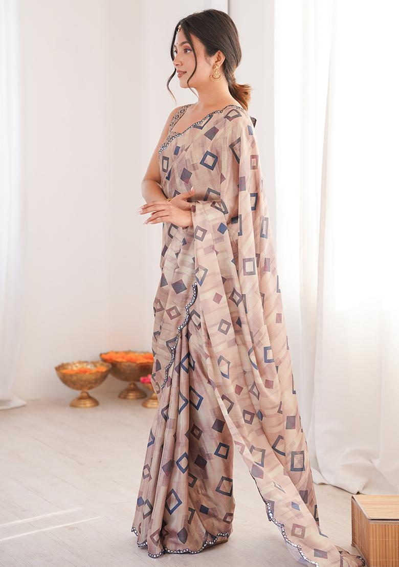 Beige Mirror Work Silk Saree Set - Indya