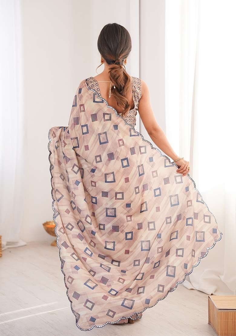 Beige Chinon Blend Saree Set with Mirror Work for Diwali | Wedding & Festive Wear - Indya