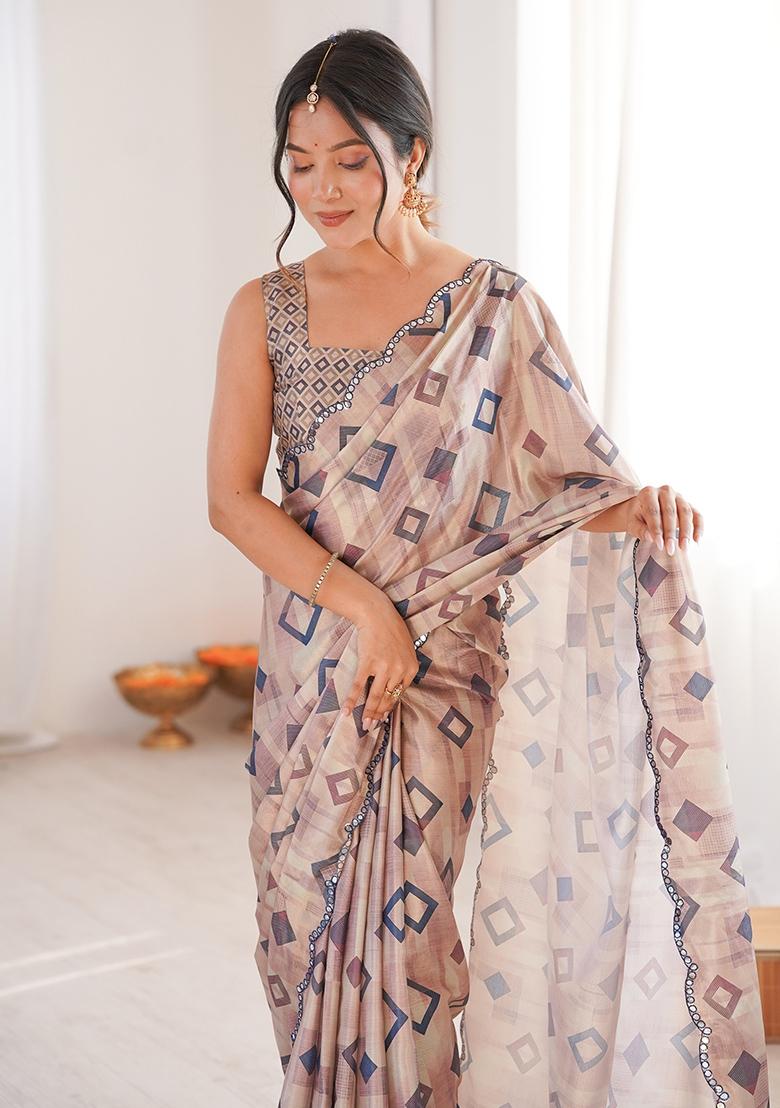 Beige Mirror Work Silk Saree Set - Indya