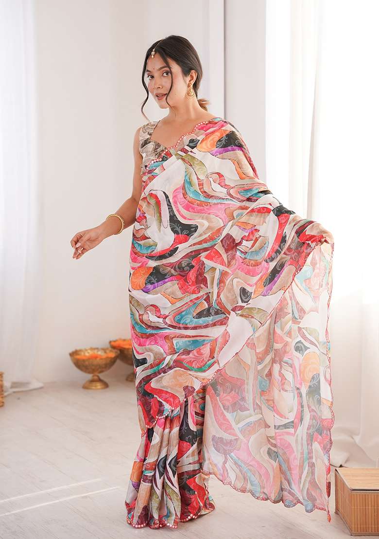 Multicolor Mirror Work Chinon Blend Saree Set for Diwali and Festive Wear - Indya