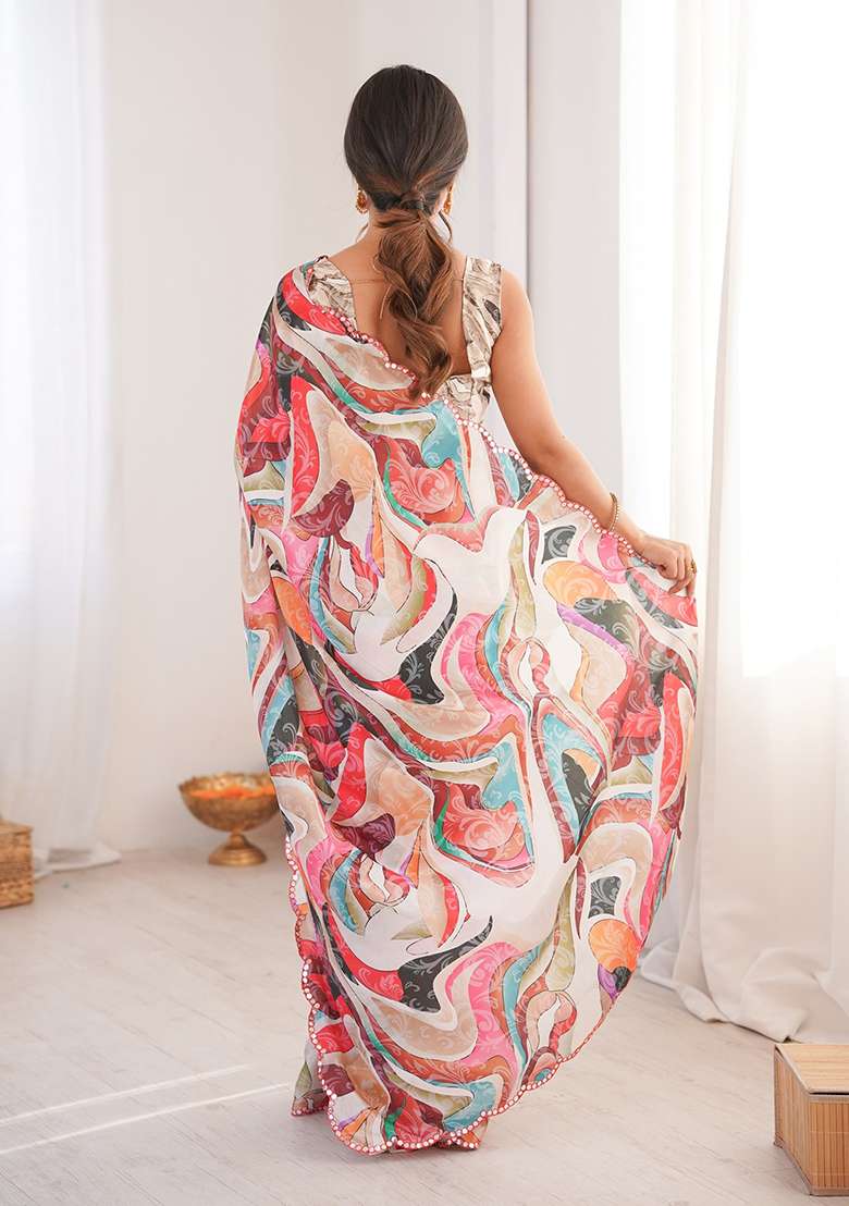 Multicolor Mirror Work Chinon Blend Saree Set for Diwali and Festive Wear - Indya