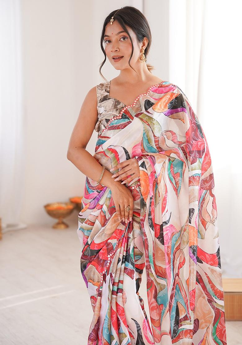 Multicolor Mirror Work Silk Saree Set - Indya