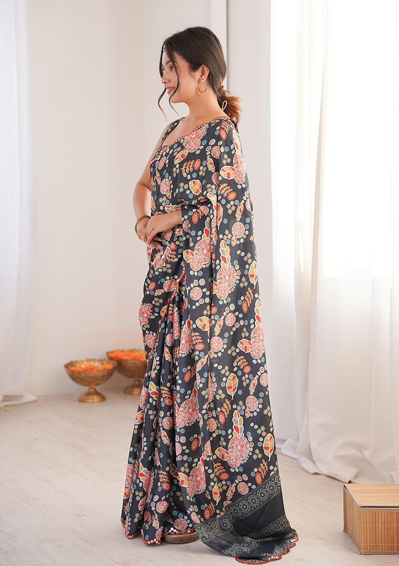 Dark Grey Mirror Work Silk Saree Set - Indya