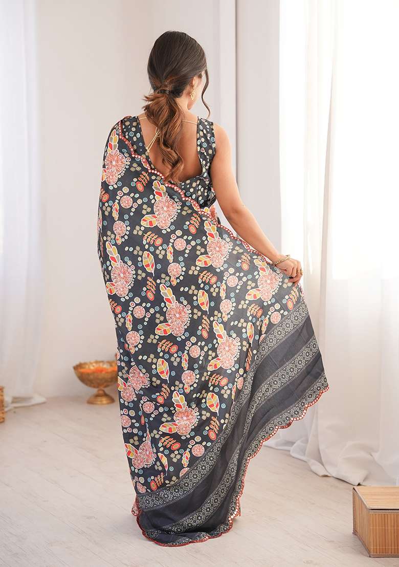 Dark Grey Mirror Work Chinon Blend Saree Set for Diwali and Festive Wear - Indya