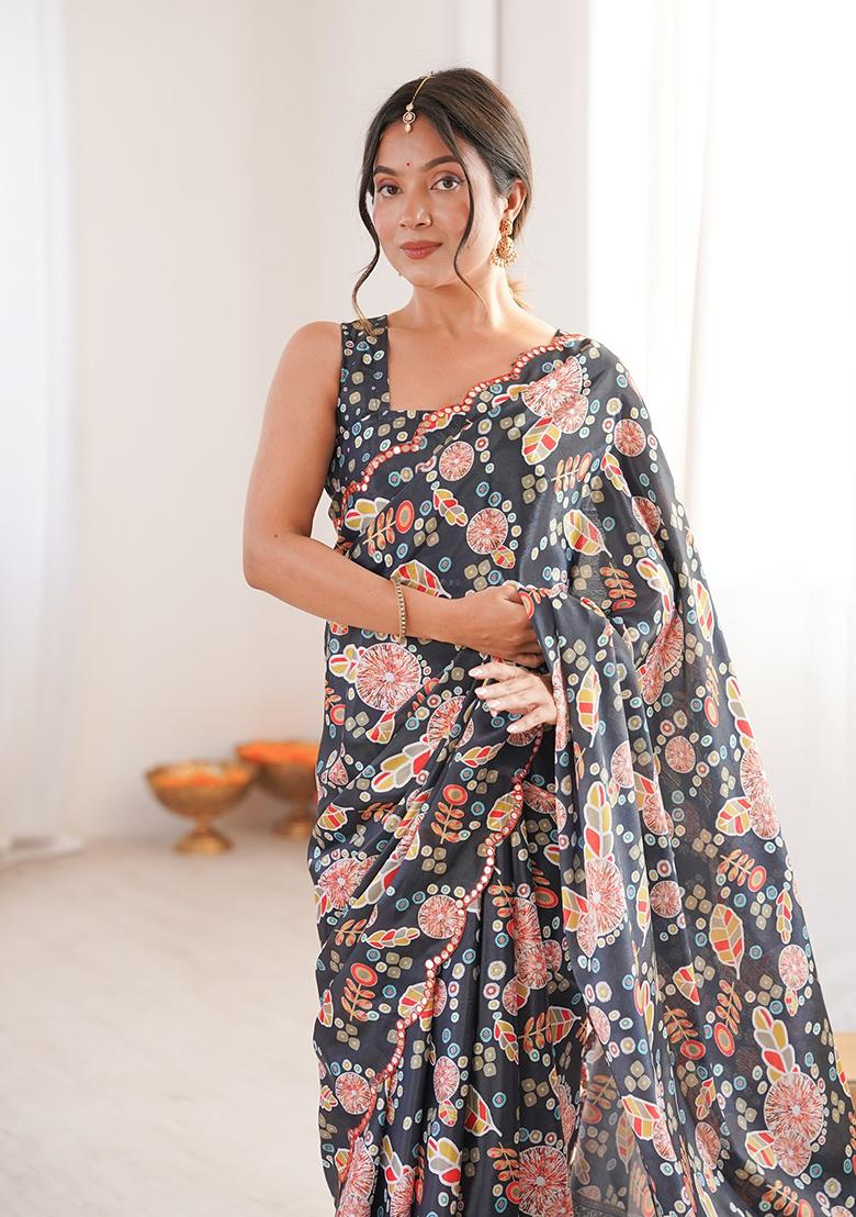 Dark Grey Mirror Work Silk Saree Set - Indya