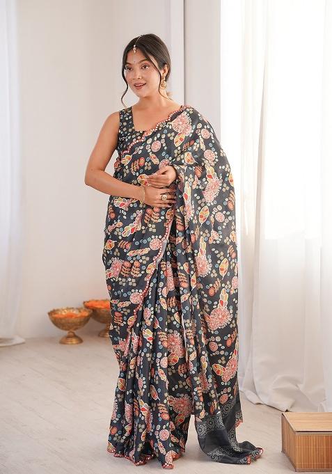 Dark Grey Mirror Work Silk Saree Set