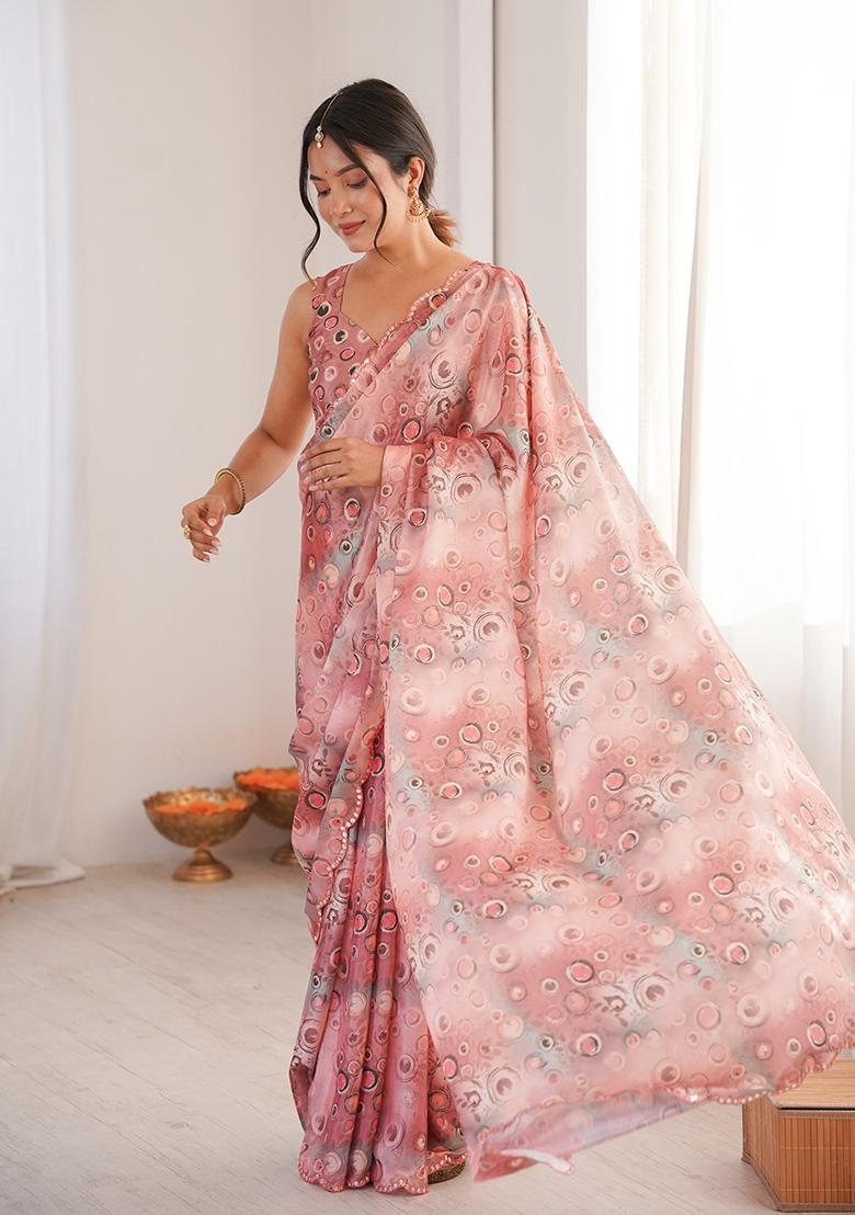Rust Pink Mirror Work Silk Saree Set - Indya