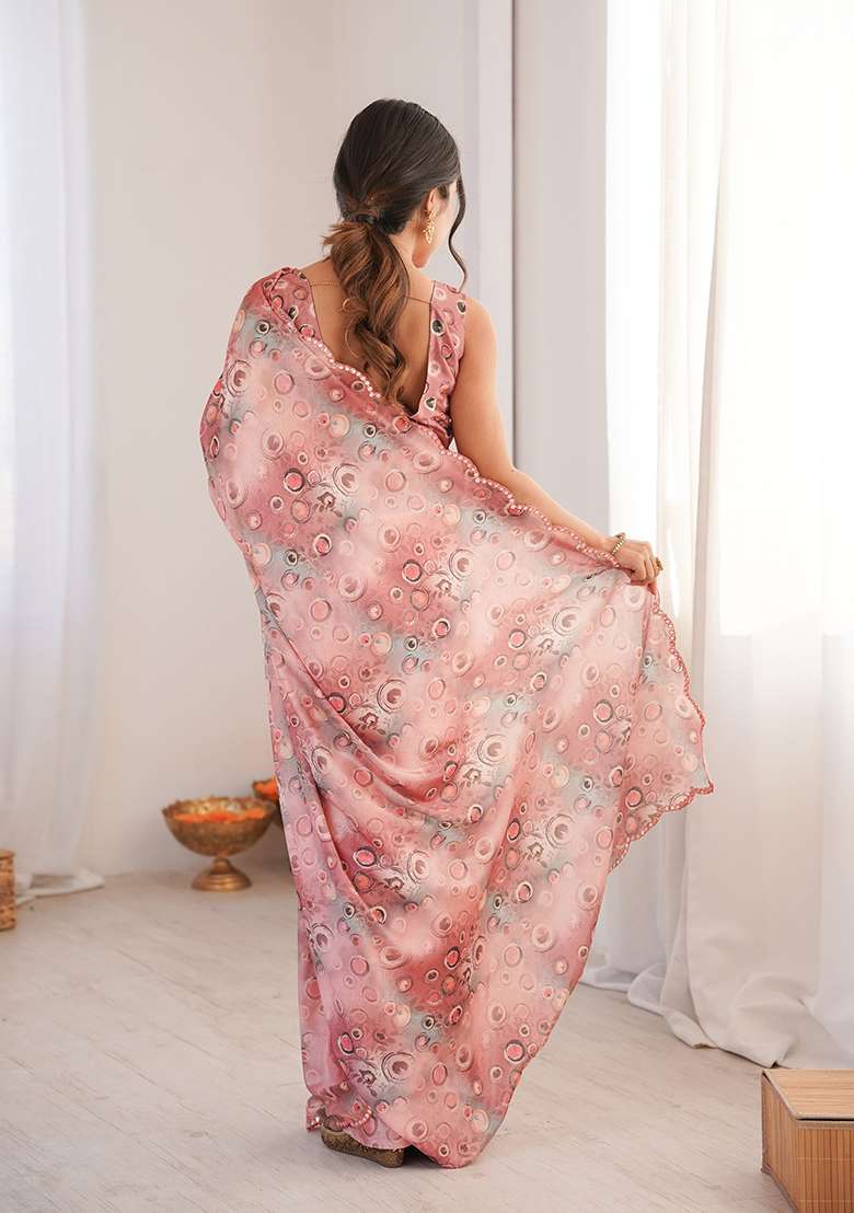 Rust Pink Mirror Work Chinon Blend Saree Set for Diwali and Festive Wear - Indya