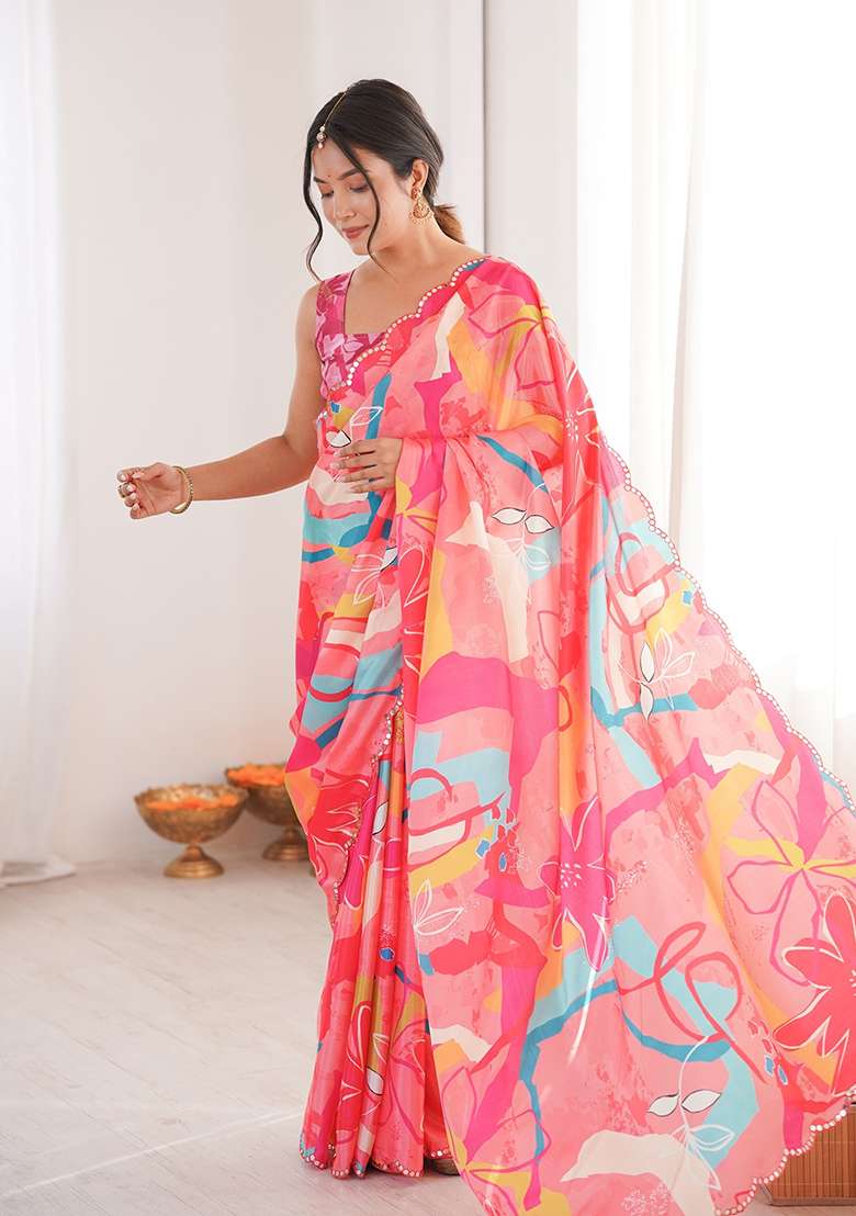 Pink Chinon Blend Saree Set with Mirror Work for Diwali | Wedding & Festive Wear - Indya