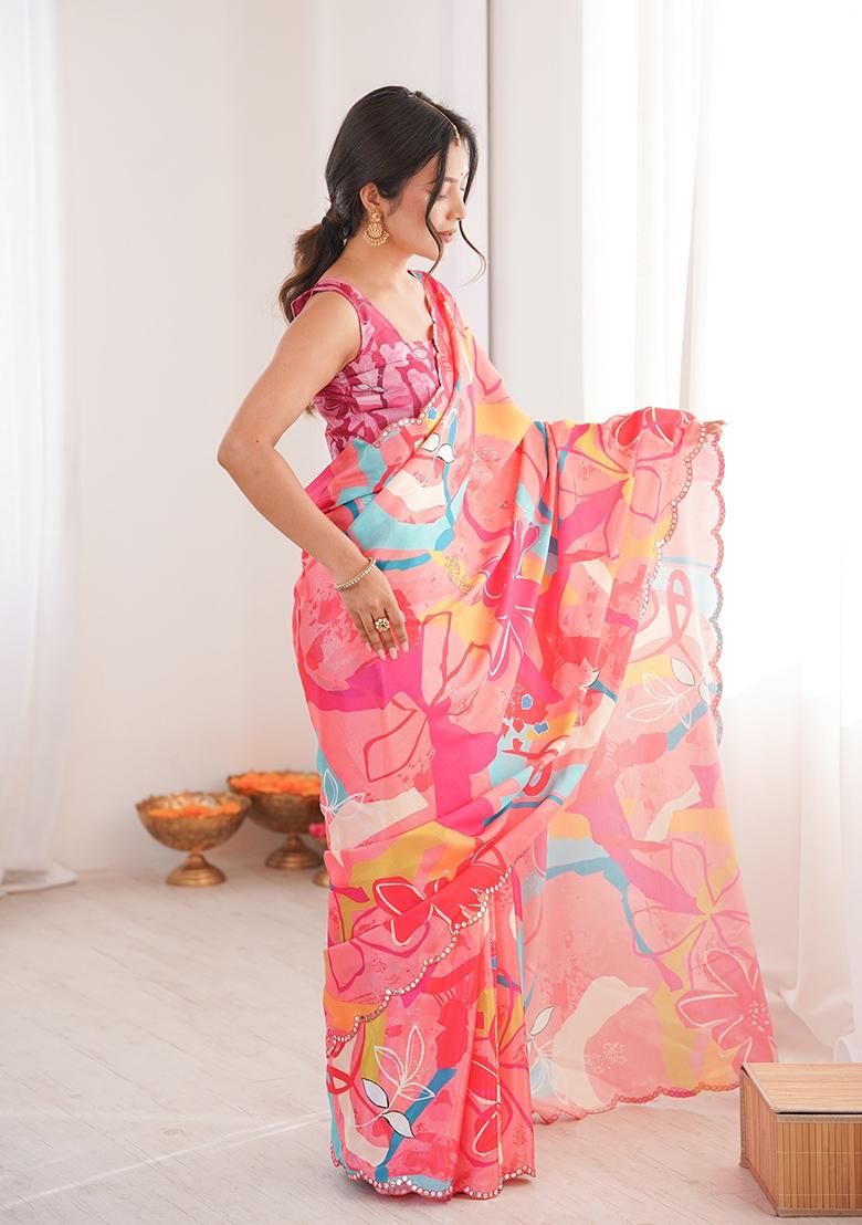 Pink Mirror Work Silk Saree Set - Indya
