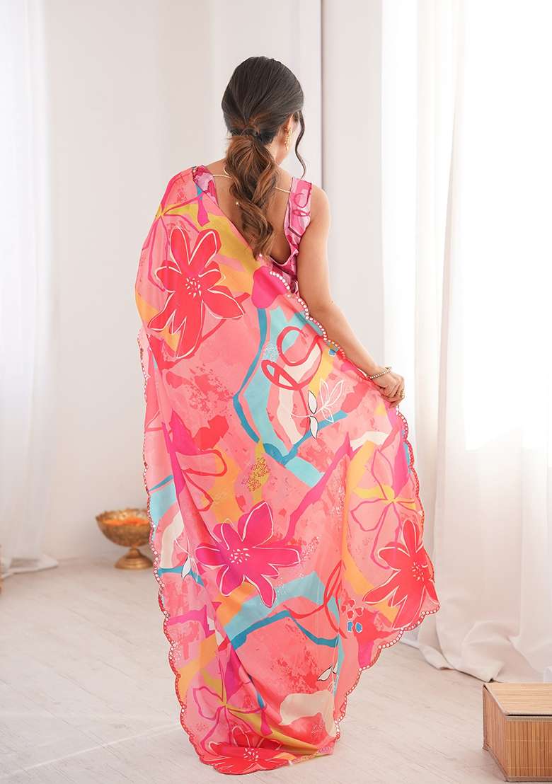 Pink Chinon Blend Saree Set with Mirror Work for Diwali | Wedding & Festive Wear - Indya