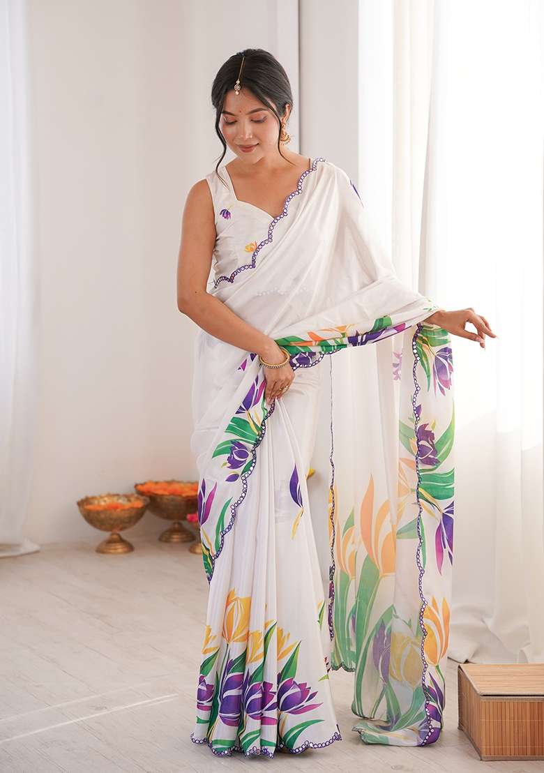 White Chinon Blend Saree Set with Mirror Work for Diwali | Wedding & Festive Wear - Indya