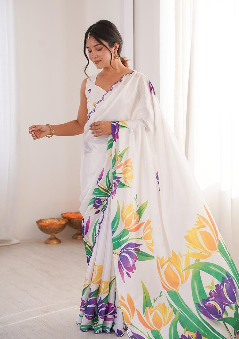 White Mirror Work Silk Saree Set - Indya