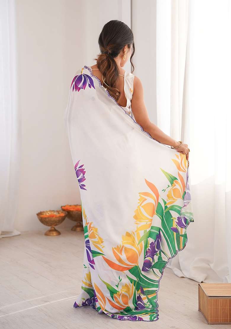 White Chinon Blend Saree Set with Mirror Work for Diwali | Wedding & Festive Wear - Indya