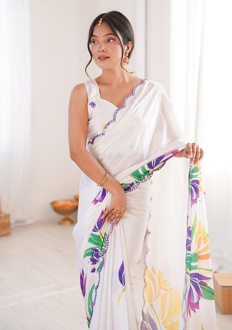 White Mirror Work Silk Saree Set - Indya