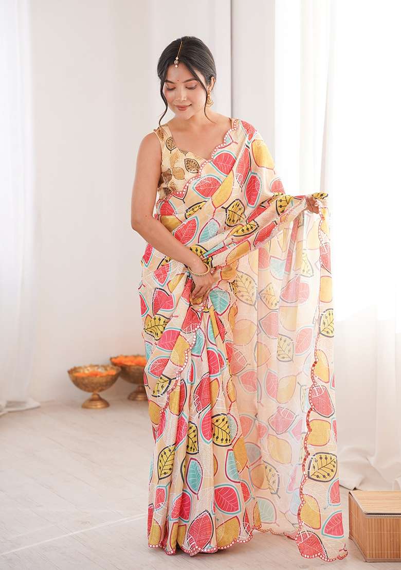 Cream Chinon Blend Saree Set with Mirror Work for Diwali | Wedding & Festive Wear - Indya