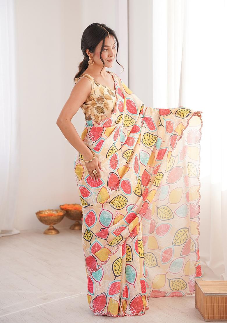 Cream Mirror Work Silk Saree Set - Indya