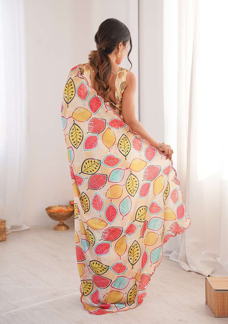 Cream Chinon Blend Saree Set with Mirror Work for Diwali | Wedding & Festive Wear - Indya