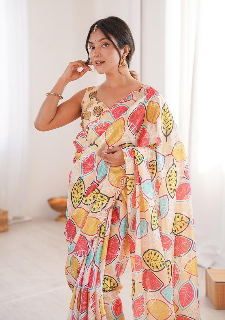 Cream Mirror Work Silk Saree Set - Indya