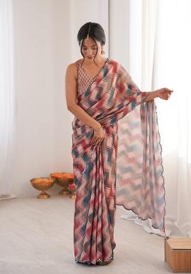 Beige Mirror Work Silk Saree Set