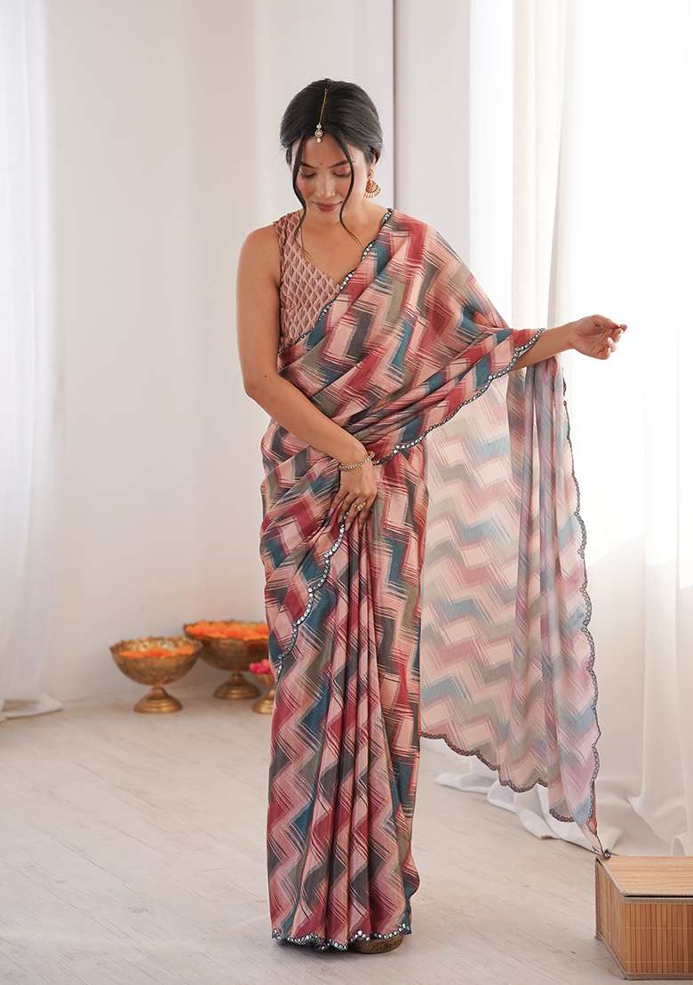 Beige Mirror Work Chinon Blend Saree Set for Diwali and Festive Wear - Indya