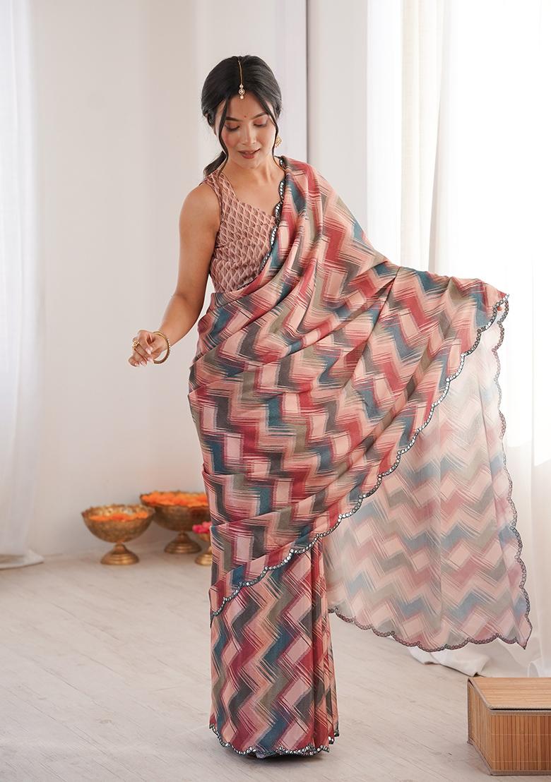 Beige Mirror Work Silk Saree Set - Indya