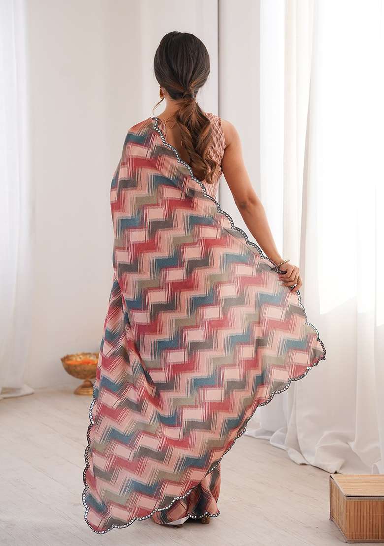 Beige Mirror Work Chinon Blend Saree Set for Diwali and Festive Wear - Indya