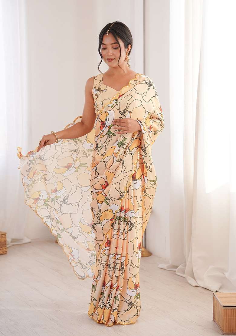 Light Yellow Mirror Work Chinon Blend Saree Set for Diwali and Festive Wear - Indya