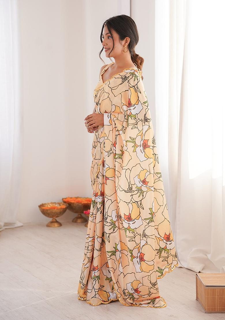 Light Yellow Mirror Work Silk Saree Set - Indya