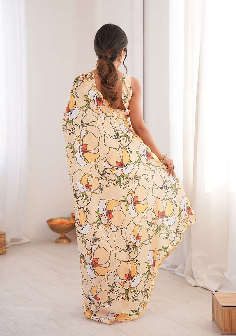 Light Yellow Mirror Work Chinon Blend Saree Set for Diwali and Festive Wear - Indya