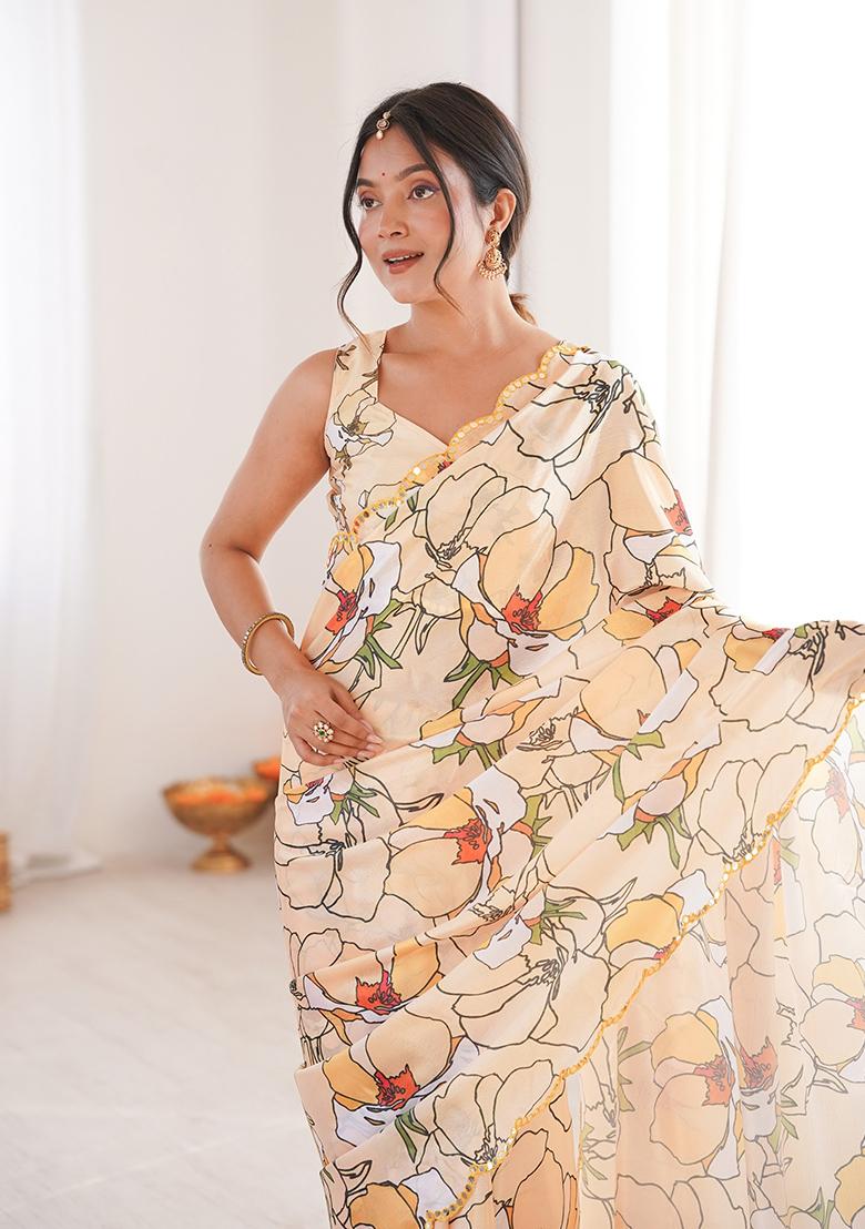 Light Yellow Mirror Work Silk Saree Set - Indya