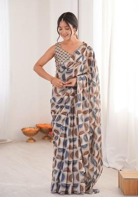 Beige Mirror Work Silk Saree Set