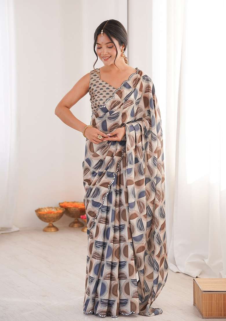 Beige Chinon Blend Saree Set with Mirror Work for Diwali | Wedding & Festive Wear - Indya