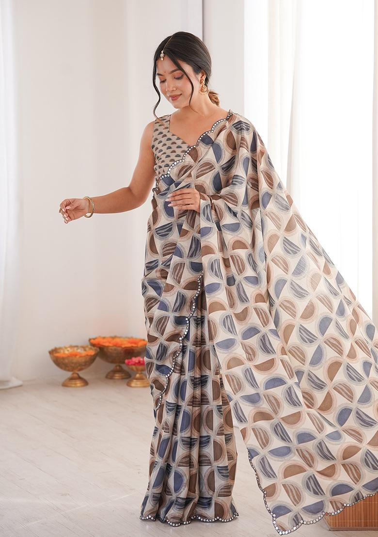 Beige Mirror Work Silk Saree Set - Indya