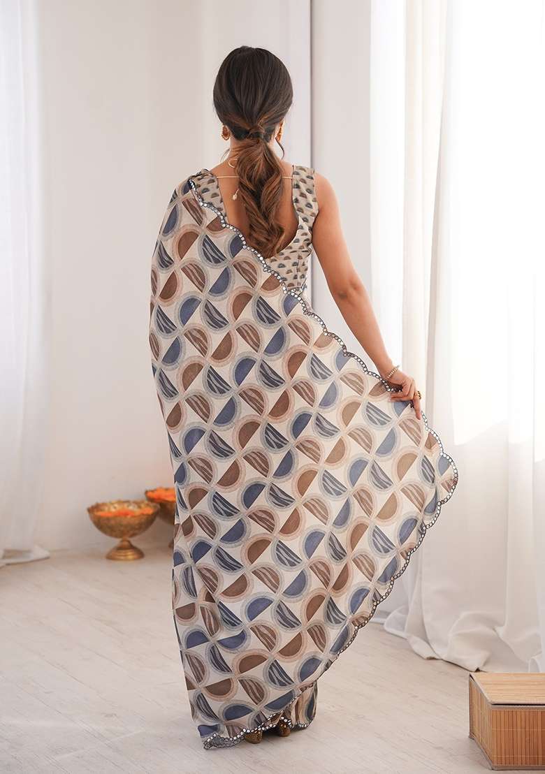 Beige Chinon Blend Saree Set with Mirror Work for Diwali | Wedding & Festive Wear - Indya