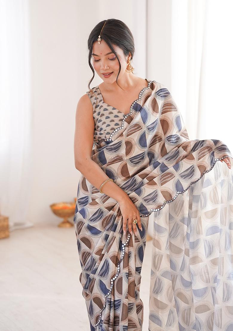 Beige Mirror Work Silk Saree Set - Indya